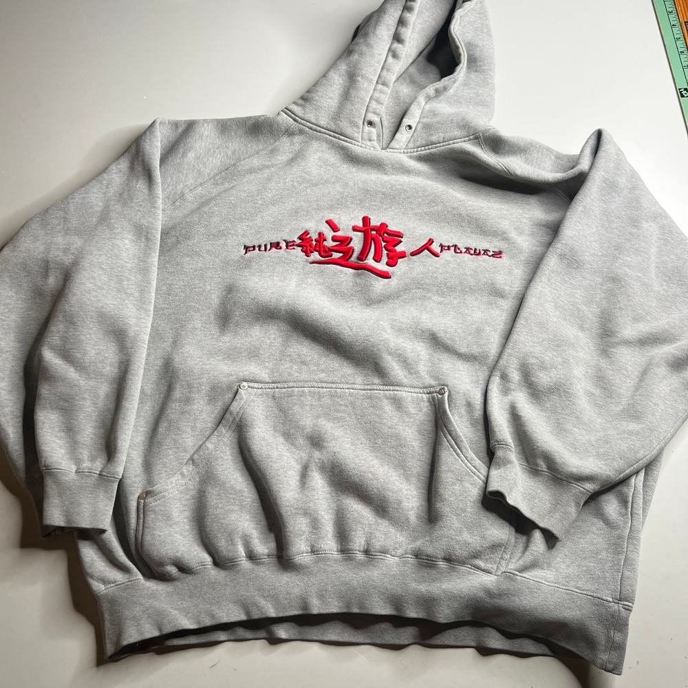 Pureplayaz Mens 2XL Gray Embroidered Kanji Logo Streetwear Pullover Hoodie